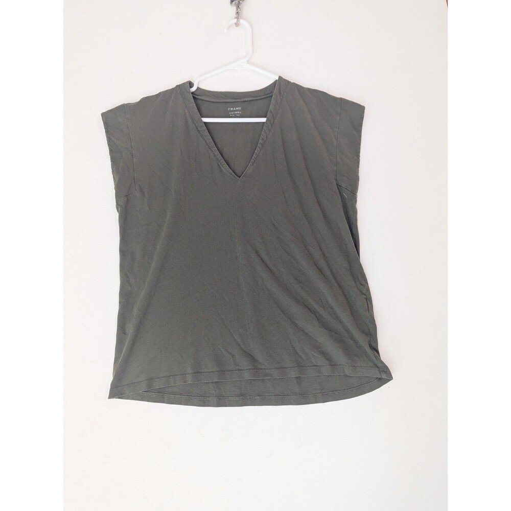 Frame Womens M Le Mid Rise V Neck Tee In Fatigue Green Organic Pima Cotton
